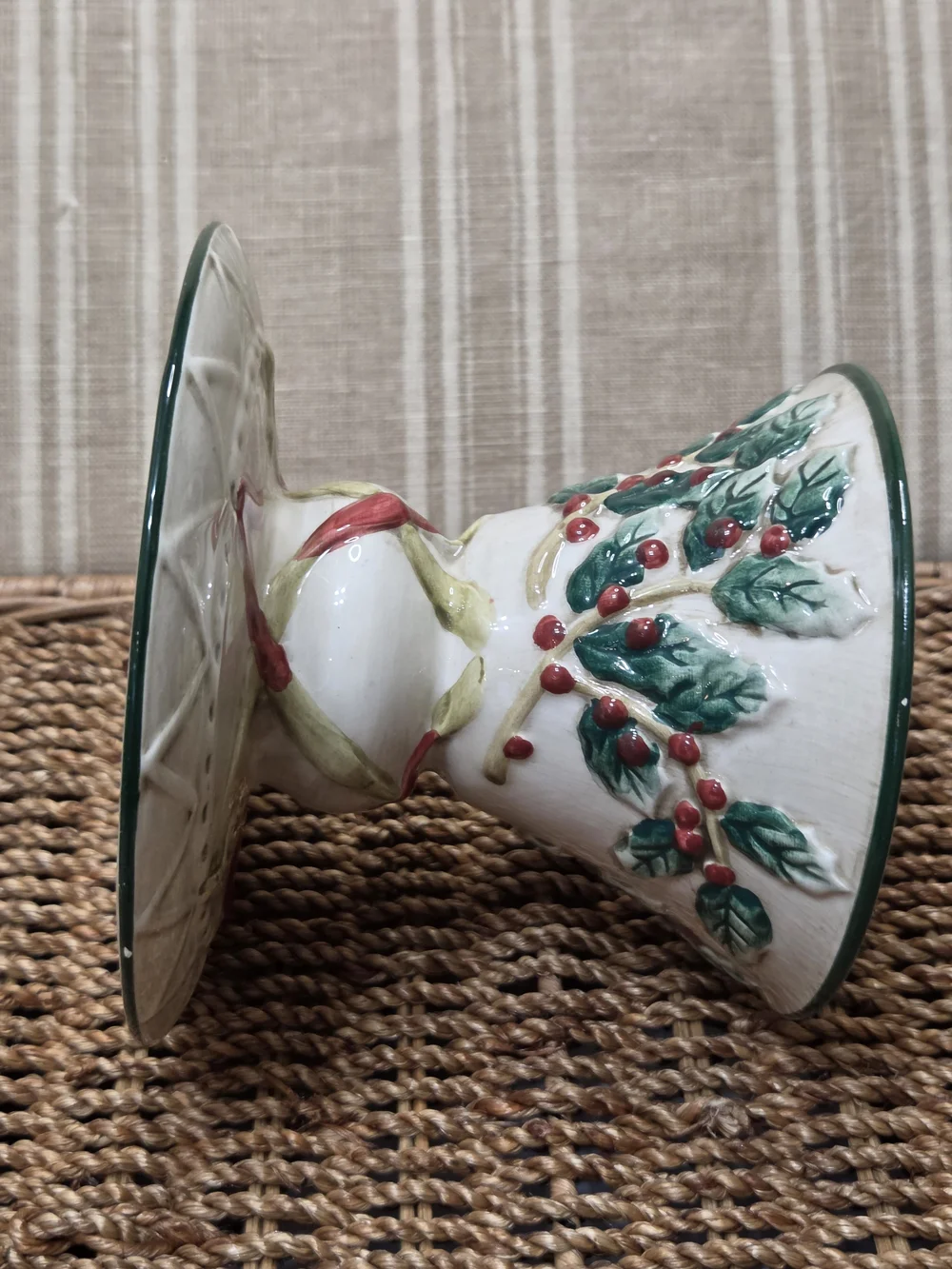 Vintage Dessert Stand Holly Pattern Christmas Glossy Green Red